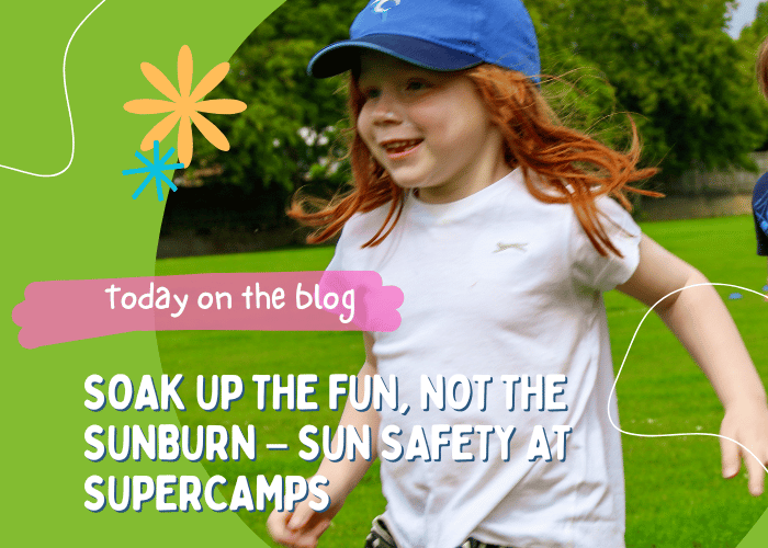 Children enjoying outdoor summer camp activities with sun hats and water bottles